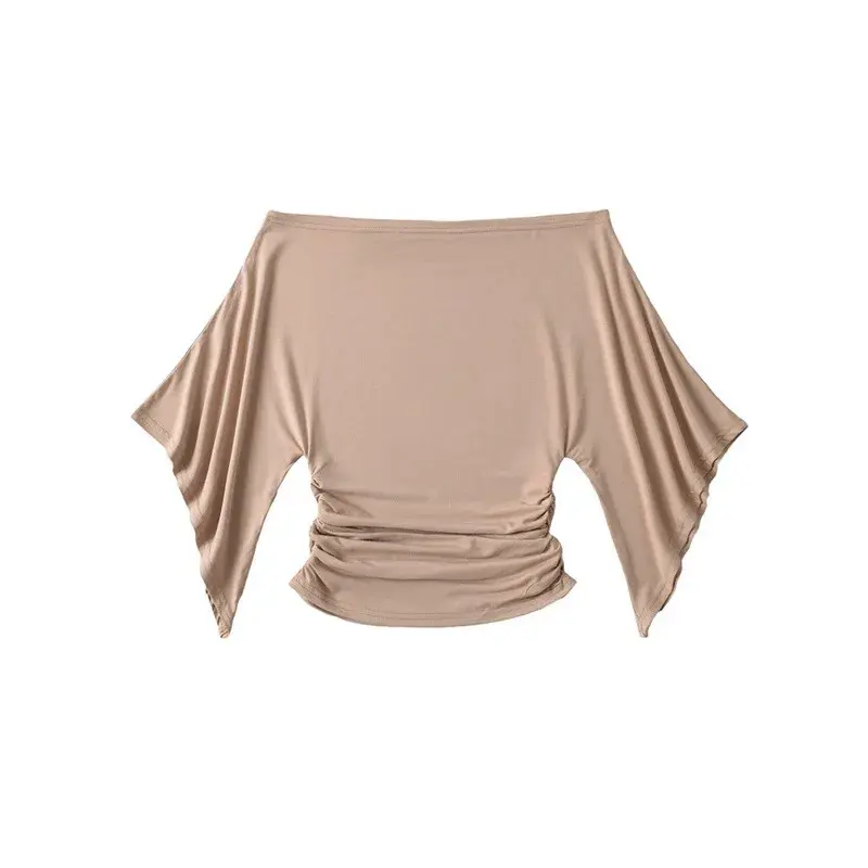 Slim Fit Shoulder Bared Bell Sleeve T Shirt Pure Desire Style Seven Quarter Sleeve Side Pleated Short Length Top for Women