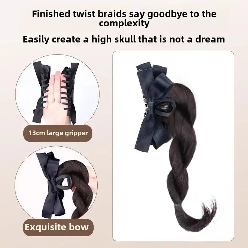Women's High Ponytail Wig with Butterfly Knot Hair Clip Twisted Braid Self-Winding Elegant Bud Head Fake Hair Tail Braid