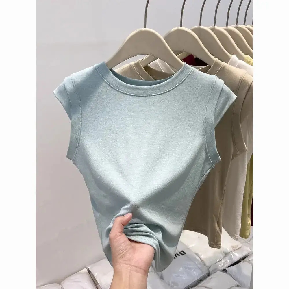 Korean Style Sweet And Spicy Sleeveless round Neck Short Sleeve Top for Women in Seven Colors Summer Fashion Slimming Top