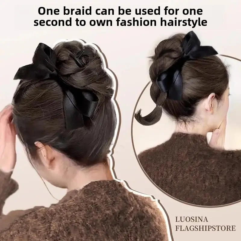 Women's High Ponytail Wig with Butterfly Knot Hair Clip Twisted Braid Self-Winding Elegant Bud Head Fake Hair Tail Braid