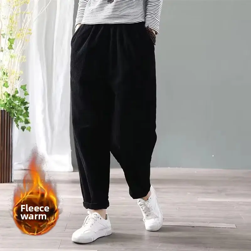 Winter Thickened Large Size Corduroy Fleece Lined Casual Harajuku Warm Long Pants Outerwear Versatile Loose Fit Women's Trousers