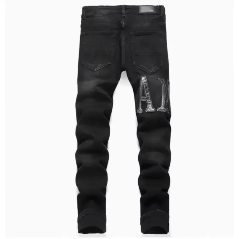 Trendy Korean Style Embroidered Jeans Men's High Waist Slim Fit Stretchy Pants Small Footed Fashionable Cross-Border Casual Trou