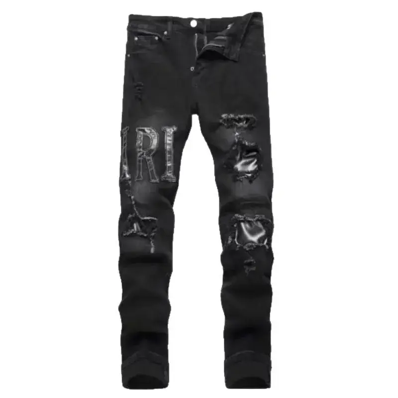 Trendy Korean Style Embroidered Jeans Men's High Waist Slim Fit Stretchy Pants Small Footed Fashionable Cross-Border Casual Trou