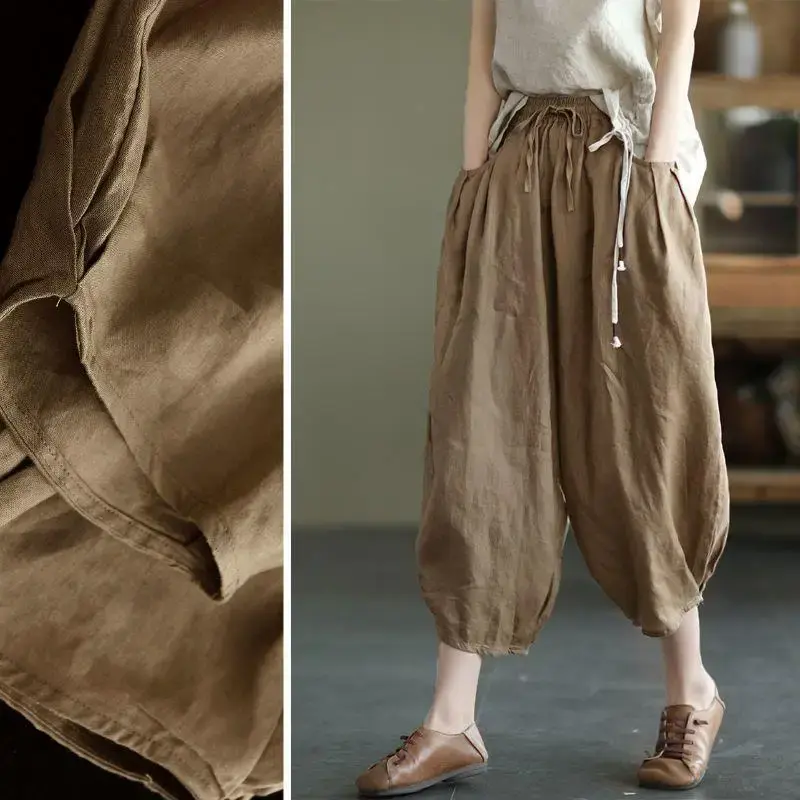 Summer Cotton Linen-Like Women's Pants Elastic Waist Slimming Loose Lantern Pants Pure Color Carrot Pants Vintage Style