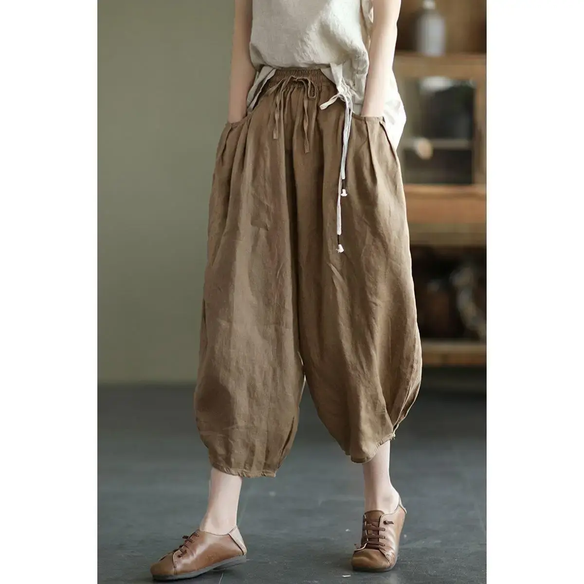 Summer Cotton Linen-Like Women's Pants Elastic Waist Slimming Loose Lantern Pants Pure Color Carrot Pants Vintage Style