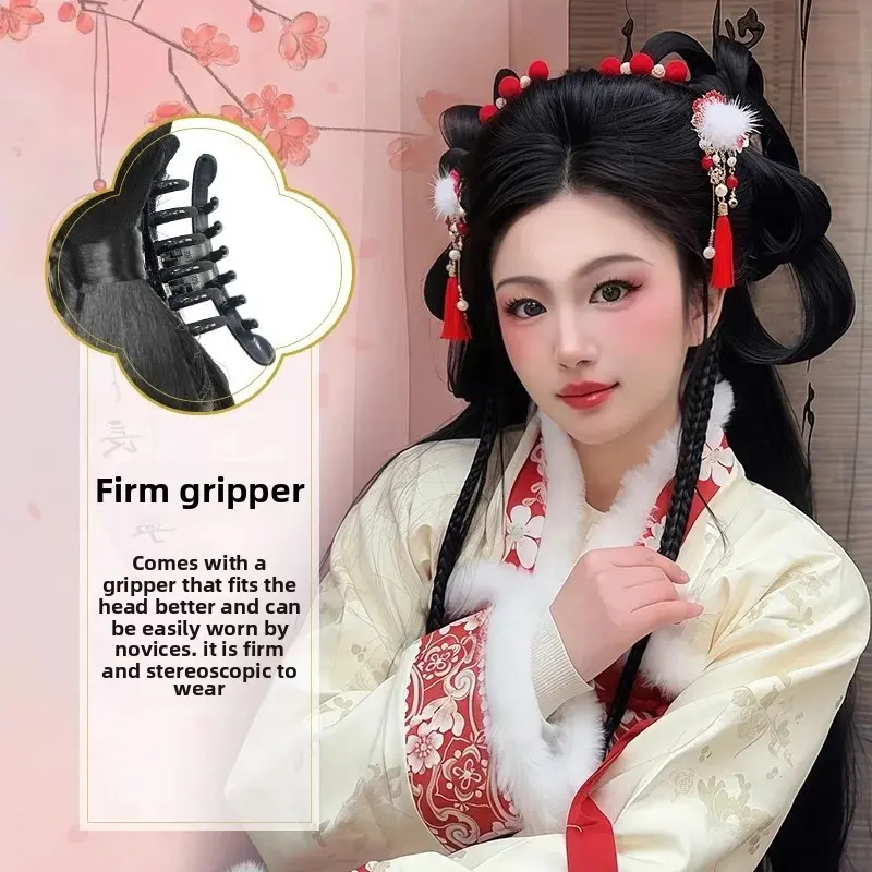 Integrated Hanfu Wig Full Hair Braided Bun Headwear Ancient Style Hairdo Accessory for Women Hair Extension Ponytail