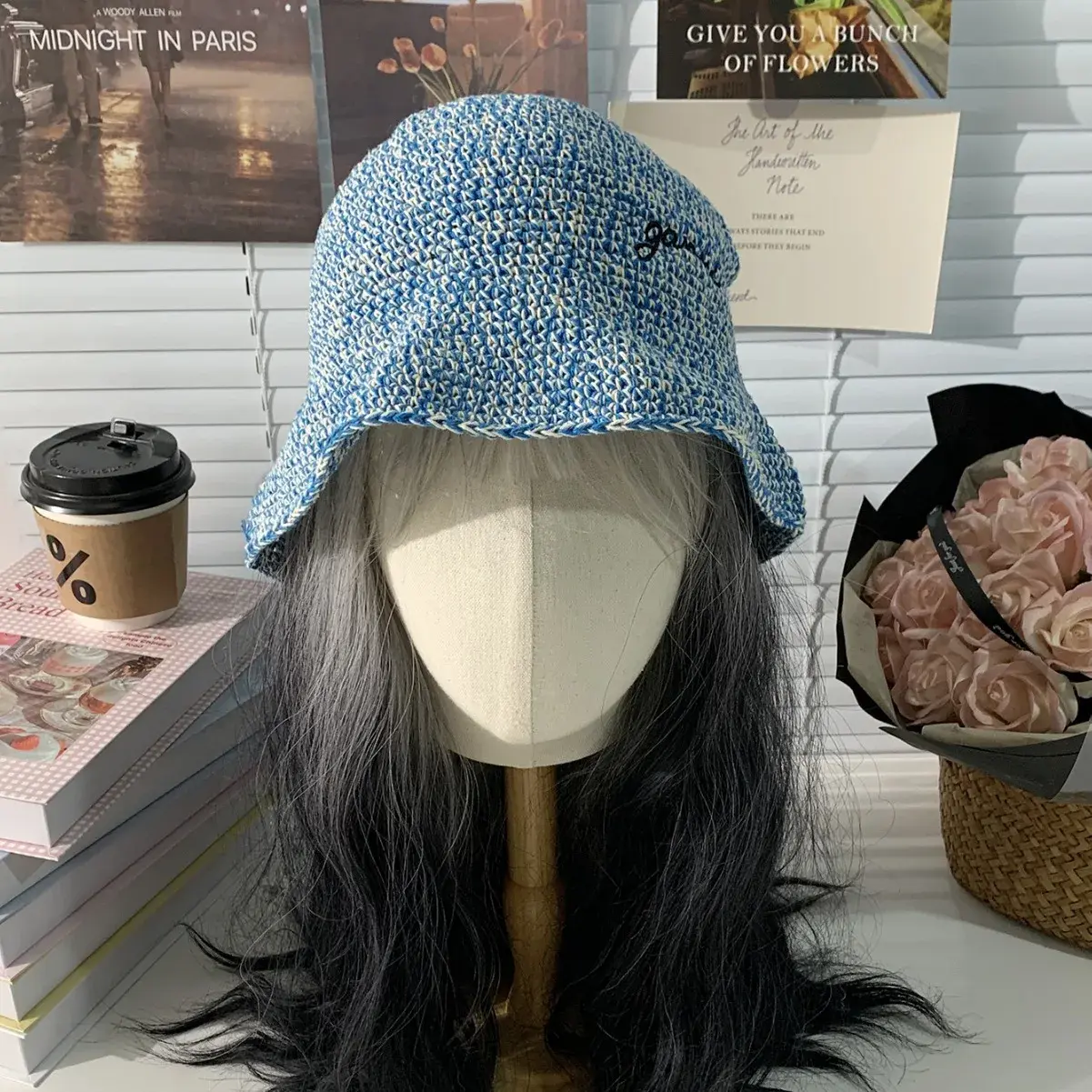 Yun Xu Handmade Crochet Fishing Cap Women's Cotton Double Color Embroidery Lazy Style Fashionable Bucket Hat Versatile Trendy