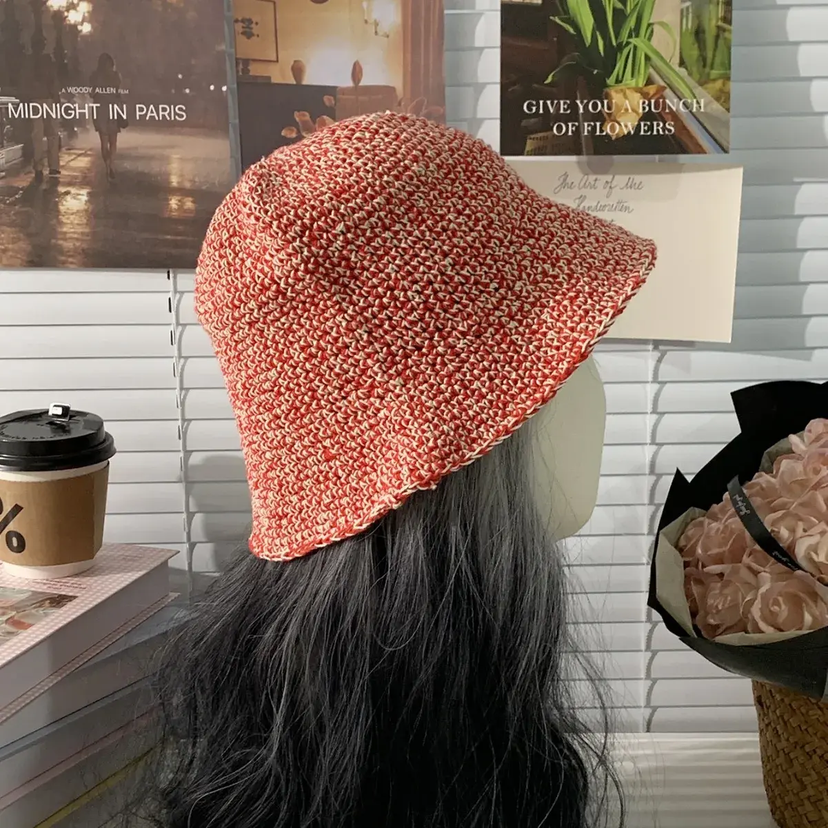 Yun Xu Handmade Crochet Fishing Cap Women's Cotton Double Color Embroidery Lazy Style Fashionable Bucket Hat Versatile Trendy
