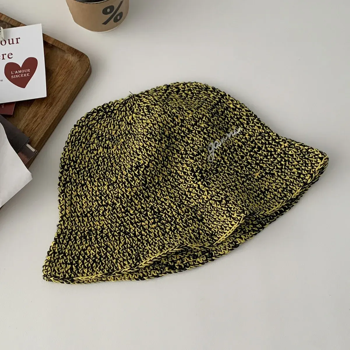 Yun Xu Handmade Crochet Fishing Cap Women's Cotton Double Color Embroidery Lazy Style Fashionable Bucket Hat Versatile Trendy