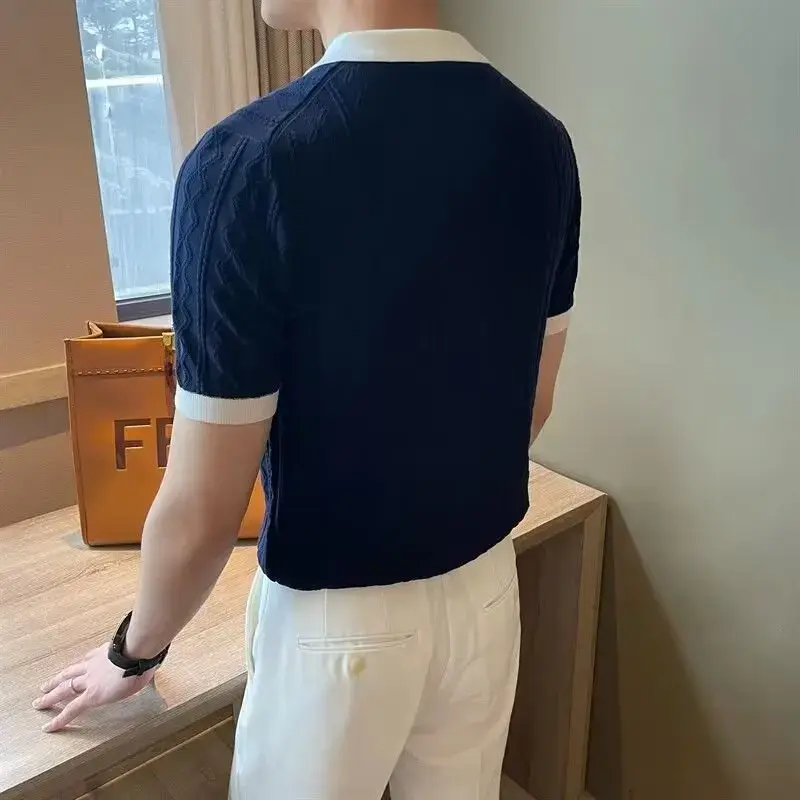 Men's Knit Short Sleeve Polo Shirt Casual Soft Supple High-end Feel Round Neck Loose-fit Top Japanese Style Solid Color