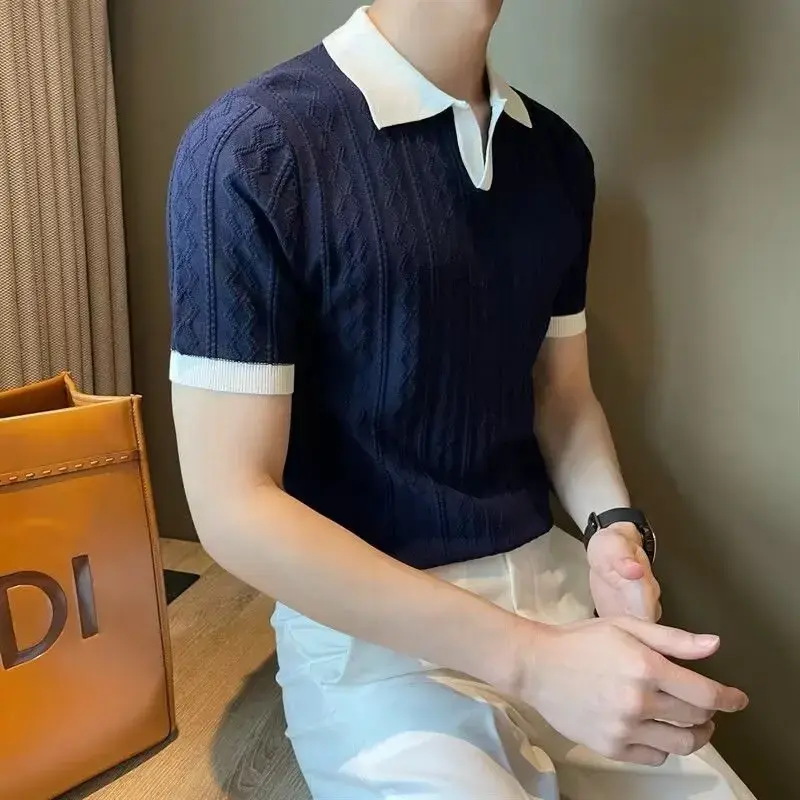 Men's Knit Short Sleeve Polo Shirt Casual Soft Supple High-end Feel Round Neck Loose-fit Top Japanese Style Solid Color