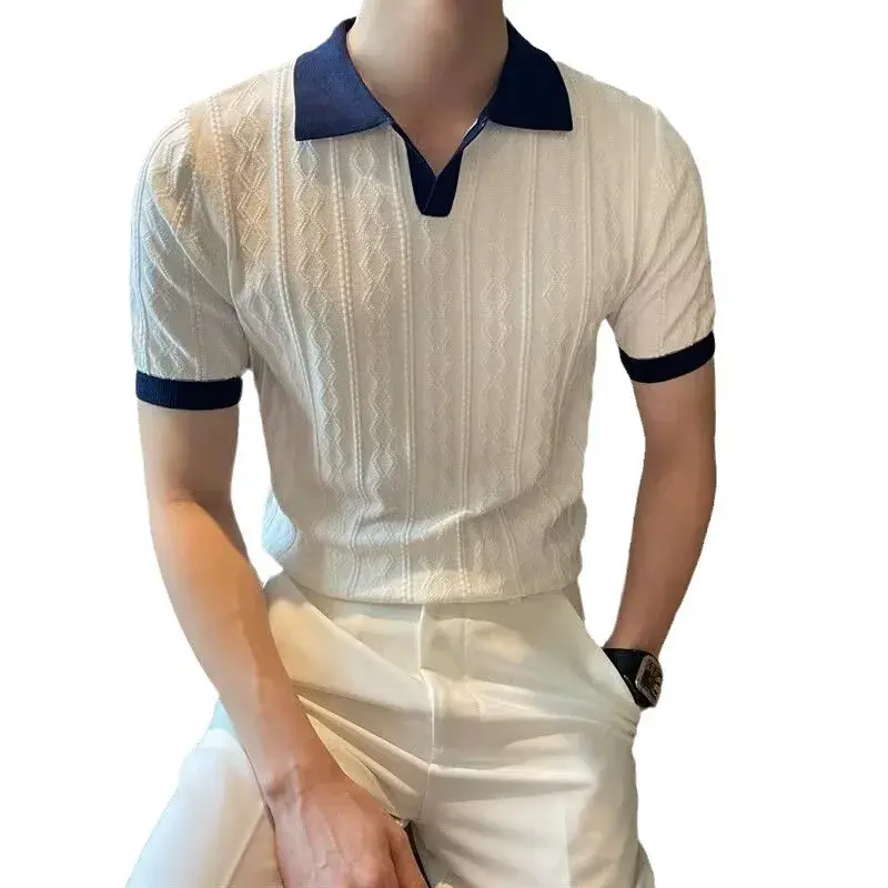 Men's Knit Short Sleeve Polo Shirt Casual Soft Supple High-end Feel Round Neck Loose-fit Top Japanese Style Solid Color