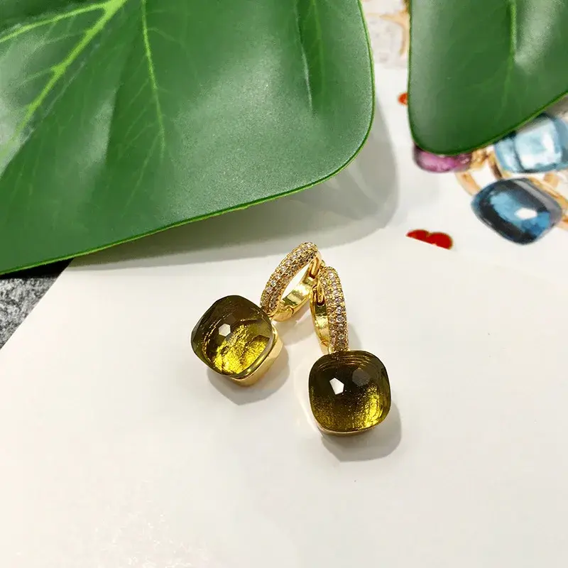 Exquisite Foreign Trade Colorful Gemstone Copper Micro-Inlaid Candy Color Square Crystal Earrings Gold-Inlaid Diamonds