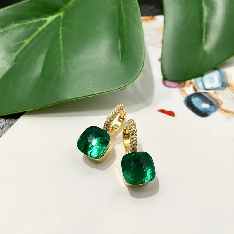 Exquisite Foreign Trade Colorful Gemstone Copper Micro-Inlaid Candy Color Square Crystal Earrings Gold-Inlaid Diamonds
