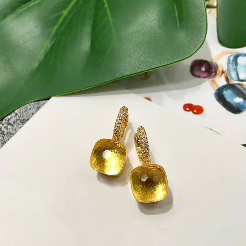 Exquisite Foreign Trade Colorful Gemstone Copper Micro-Inlaid Candy Color Square Crystal Earrings Gold-Inlaid Diamonds