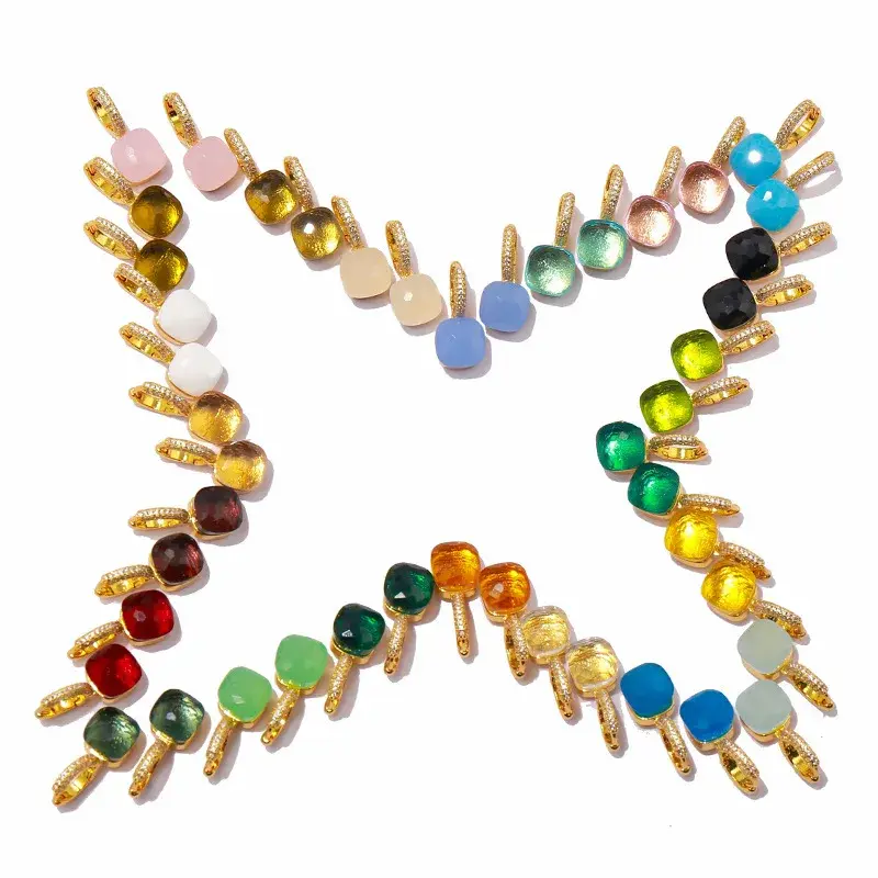 Exquisite Foreign Trade Colorful Gemstone Copper Micro-Inlaid Candy Color Square Crystal Earrings Gold-Inlaid Diamonds