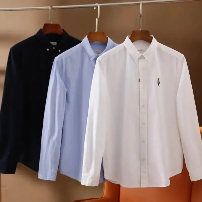 Oxford Cloth Bear Embroidery Men's Long Sleeve Shirt Casual Style Cotton Solid Color Long Sleeve Trendy Shirt For Autumn Winter