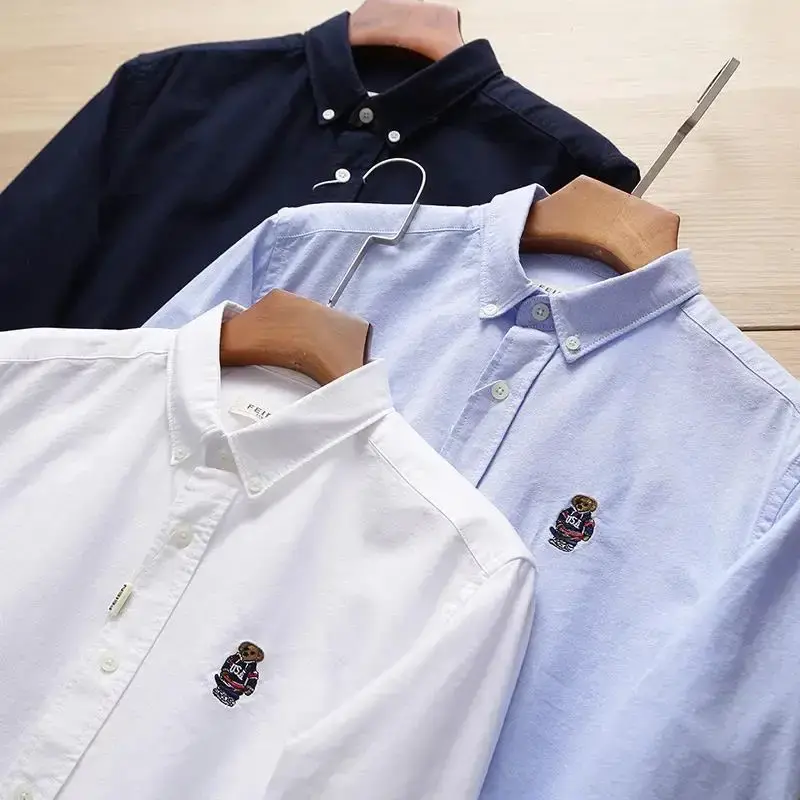 Oxford Cloth Bear Embroidery Men's Long Sleeve Shirt Casual Style Cotton Solid Color Long Sleeve Trendy Shirt For Autumn Winter
