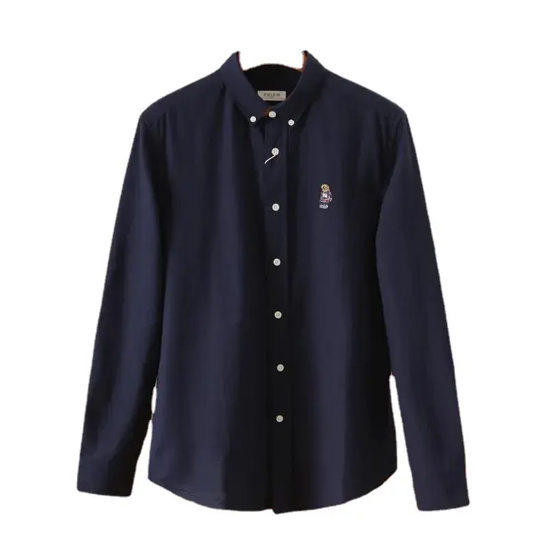 Oxford Cloth Bear Embroidery Men's Long Sleeve Shirt Casual Style Cotton Solid Color Long Sleeve Trendy Shirt For Autumn Winter