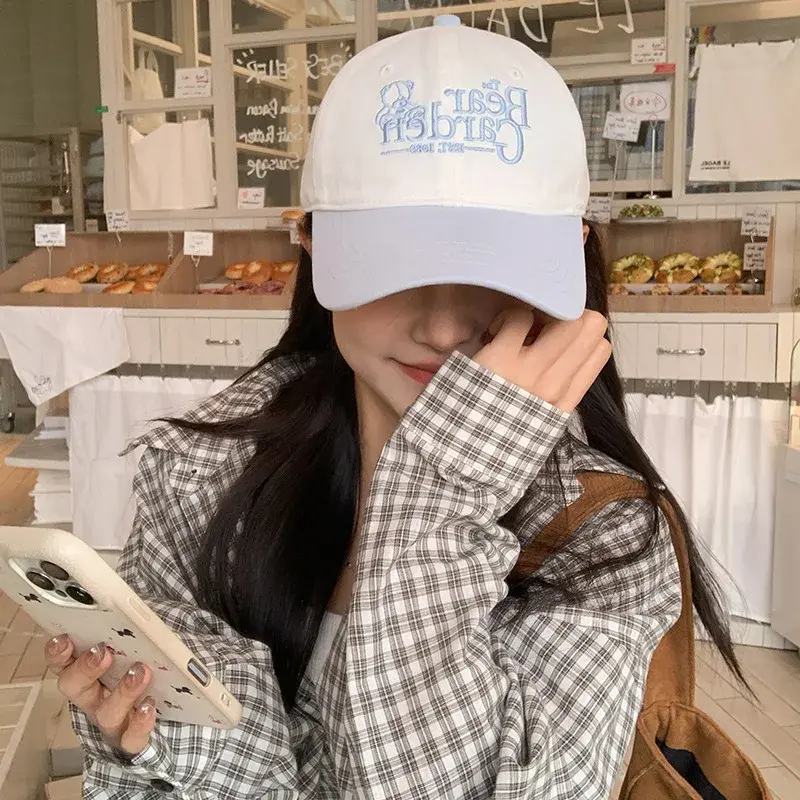 Fashionable Color Block Bear Embroidery Baseball Cap Spring Summer Duckbill Hat Cute Korean Style Versatile Hat