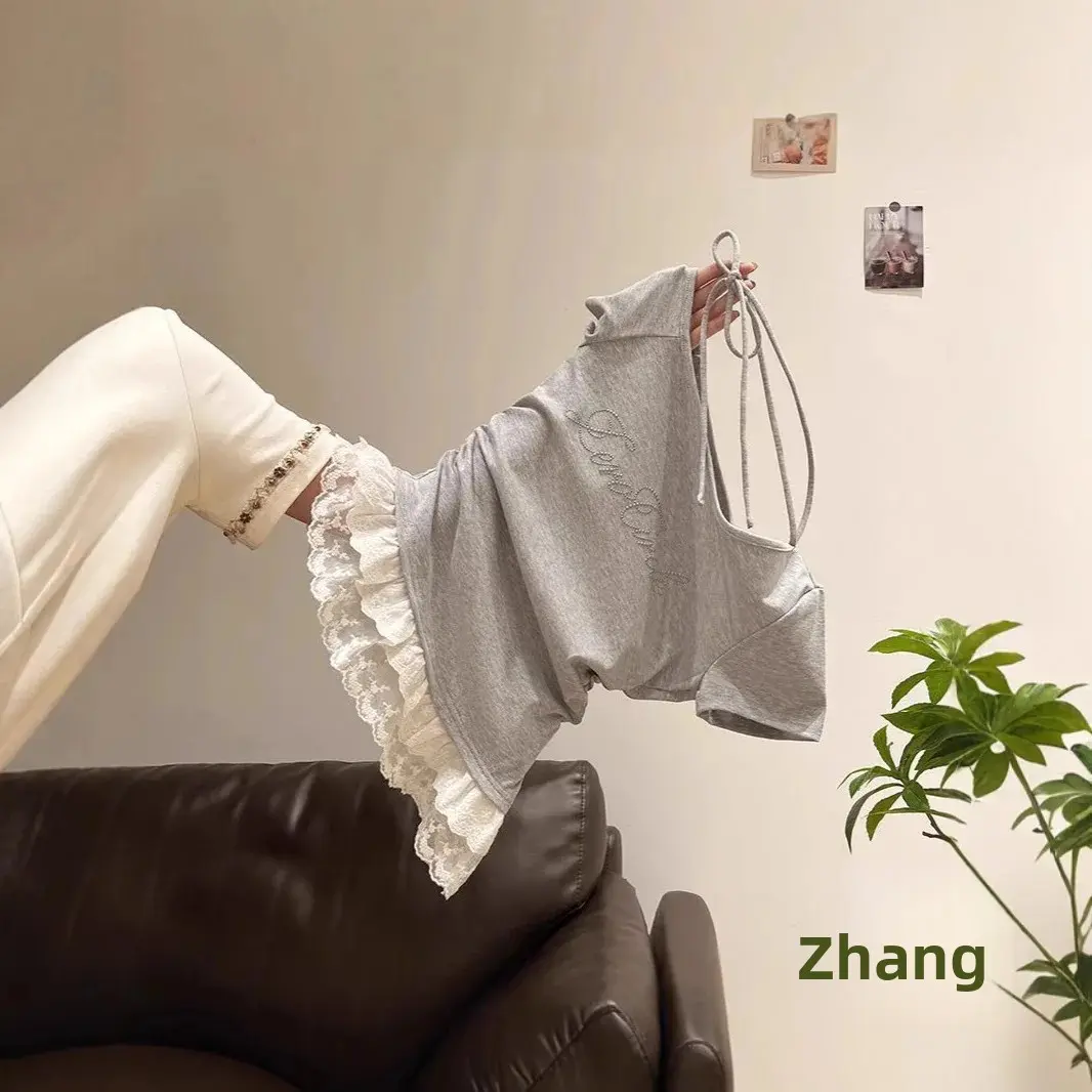 Korean Style Short Sleeve T-Shirt Shoulder Bared Crew Neck Lace Trim Slim Fit Summer Top Cotton like Polyester Fabric