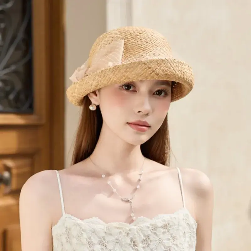 New 2025 Laffey Grass Sun Hat Lace Net Flower Cuffed Outdoor Casual Hat Fashionable Sun Protection Bucket Hat