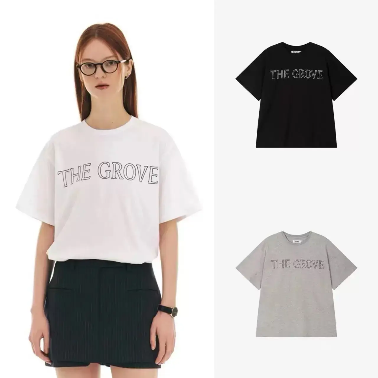 Korean Designer Grove Loose Fit Crew Neck T-Shirt Women's Casual Printed Top Versatile Comfortable Short Sleeve Cotton Tee
