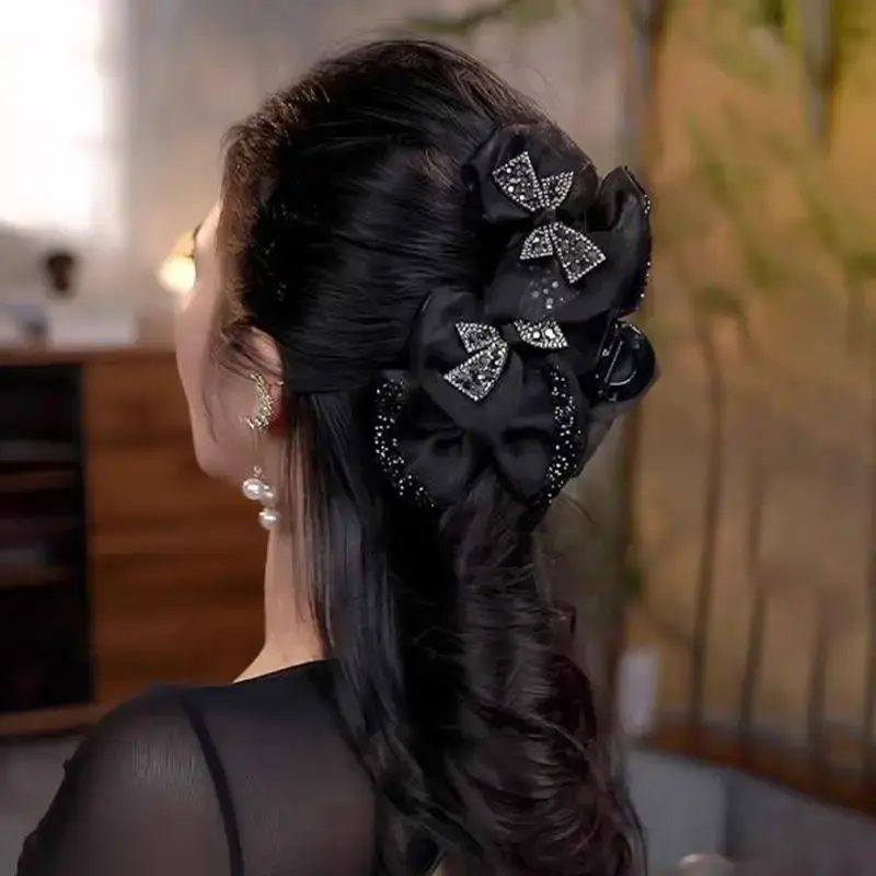Elegant Diamond Butterfly Knot Hair Clip Net Lace High Ponytail Bun Hair Clip Stylish Hair Accessory Salon Quality