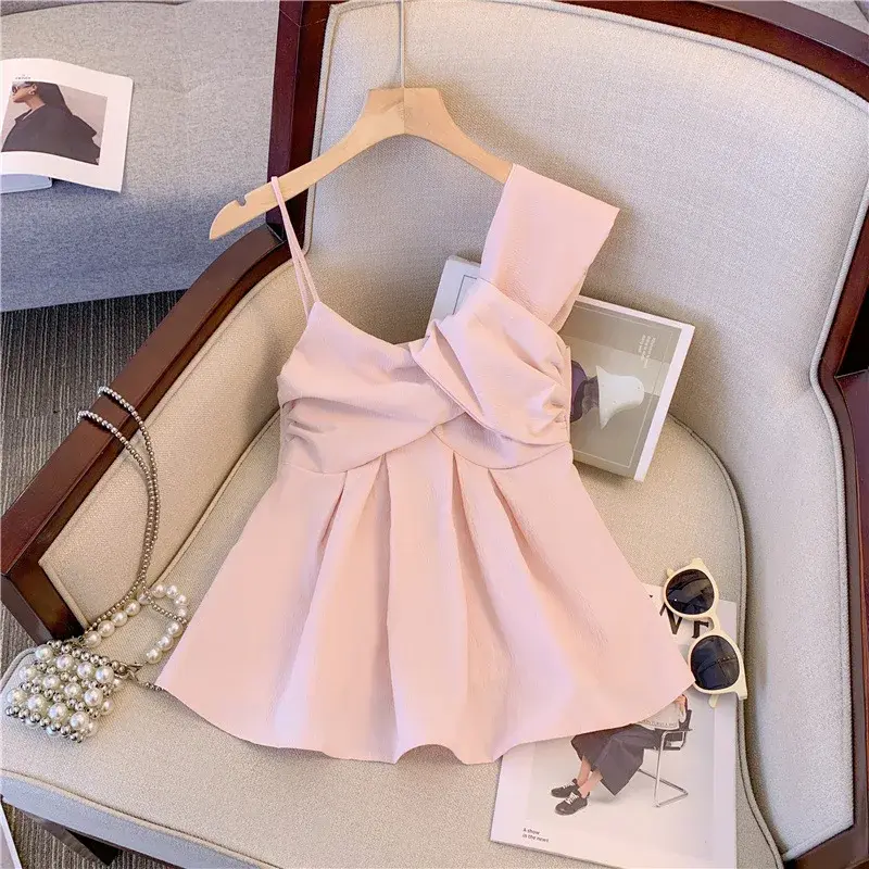 Pure Desire Short Sleeve Twist Knot Strap Top Women's Summer Unique Exquisite Solid Color Sleeveless Mini Vest Trendy