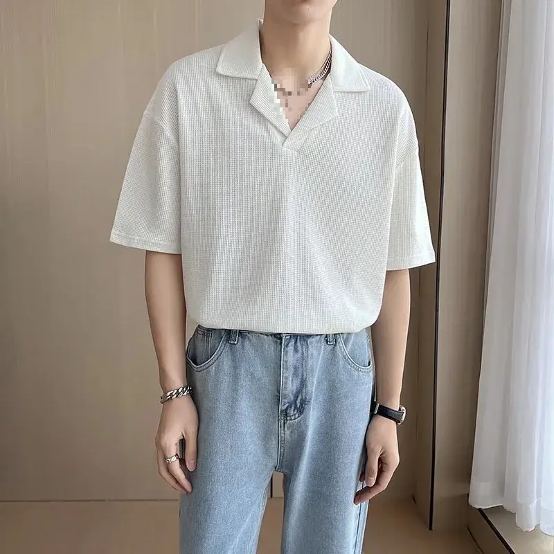 Summer Loose Fit Men's Polo Shirt Short Sleeve V-Neck T-Shirt Fashionable Casual Korean Style Comfortable Half Sleeve Top