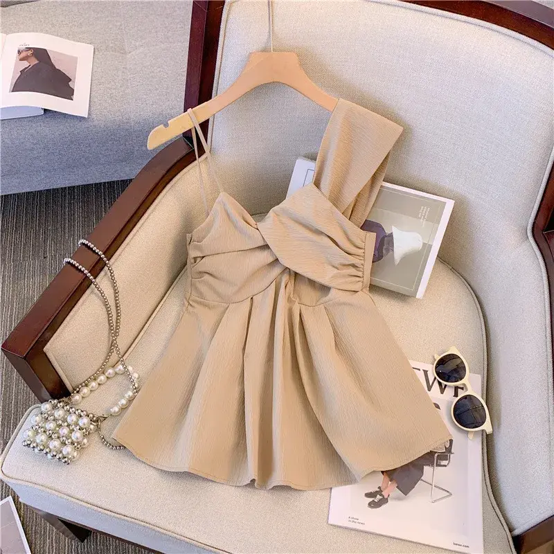 Pure Desire Short Sleeve Twist Knot Strap Top Women's Summer Unique Exquisite Solid Color Sleeveless Mini Vest Trendy