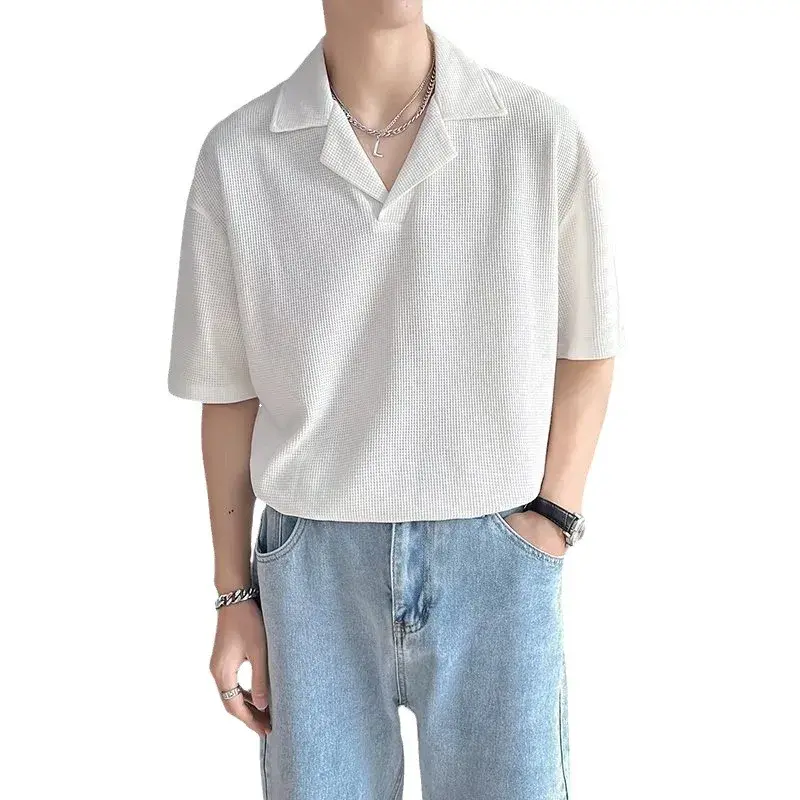 Summer Loose Fit Men's Polo Shirt Short Sleeve V-Neck T-Shirt Fashionable Casual Korean Style Comfortable Half Sleeve Top