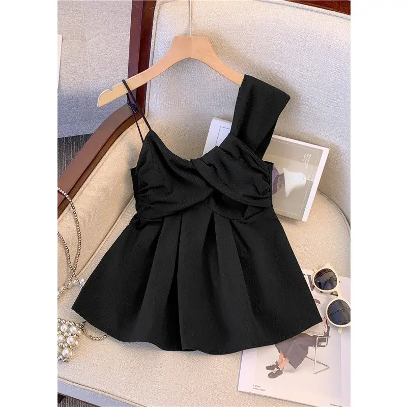 Pure Desire Short Sleeve Twist Knot Strap Top Women's Summer Unique Exquisite Solid Color Sleeveless Mini Vest Trendy