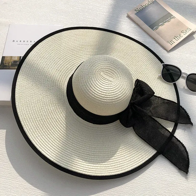Women's Beach Straw Hat Summer Sunshade Large Brim Foldable Cooling Cap Lace Net Hat Beach Travel Vacation Big Rim Hat