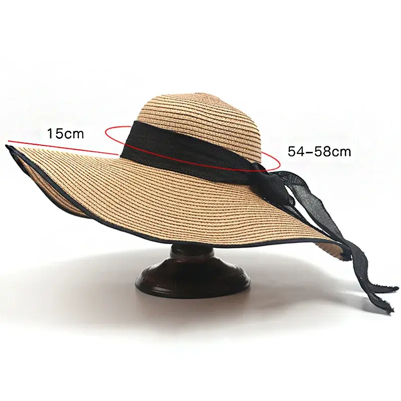 Women's Beach Straw Hat Summer Sunshade Large Brim Foldable Cooling Cap Lace Net Hat Beach Travel Vacation Big Rim Hat