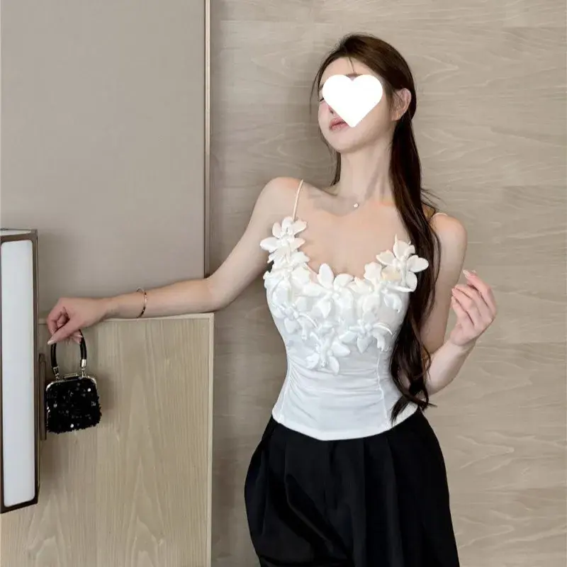 French Style Pure Desire Sexy 3D Flower Strap Vest Women's Summer New Outerwear Slim Fit Spicy Inner Match Decoration