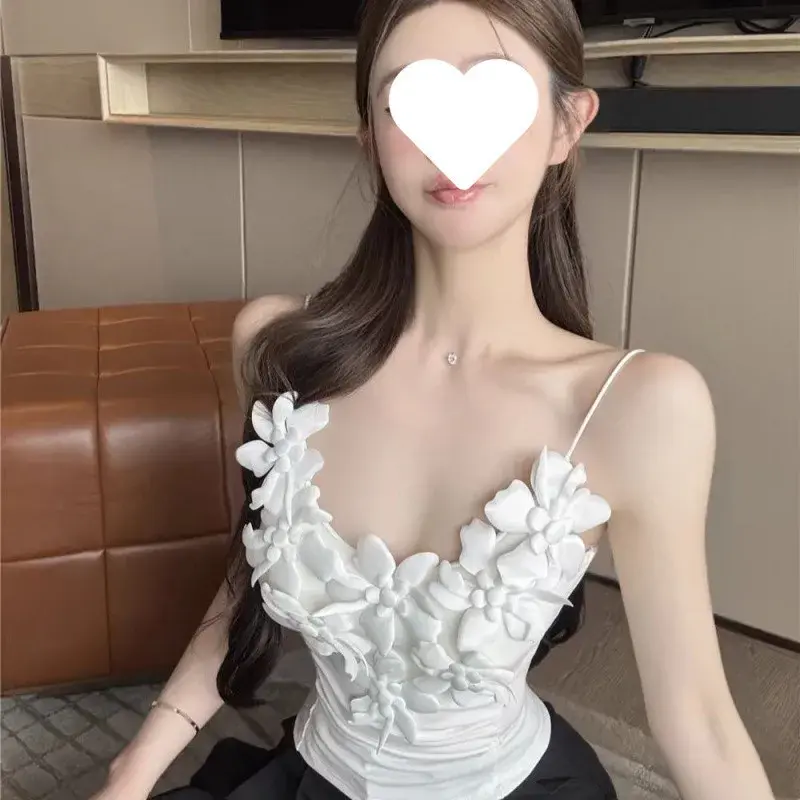 French Style Pure Desire Sexy 3D Flower Strap Vest Women's Summer New Outerwear Slim Fit Spicy Inner Match Decoration