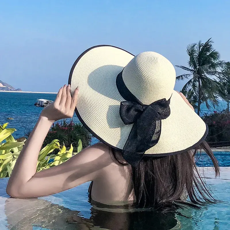 Women's Beach Straw Hat Summer Sunshade Large Brim Foldable Cooling Cap Lace Net Hat Beach Travel Vacation Big Rim Hat
