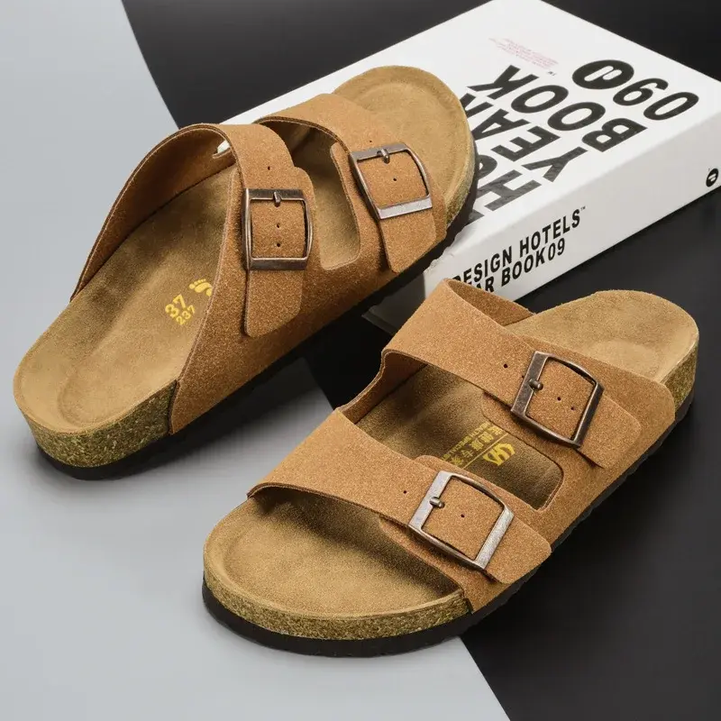 2023 Summer New Men's Thick Bottom Soft Wood Slippers One-Piece Outdoor Beach Slippers Flocking Leather Slippers Rubber Sole