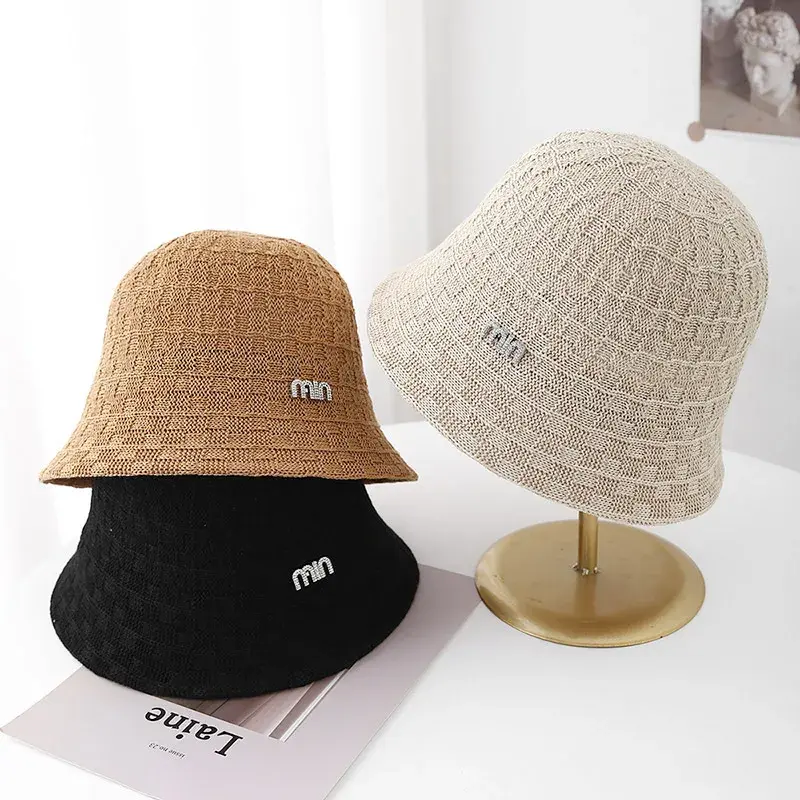 Spring Summer Knitted Fisherman Hat Women's Outdoor Travel Outfit Small Face Effect Plaid Design Sun Protection Cap Simple Style