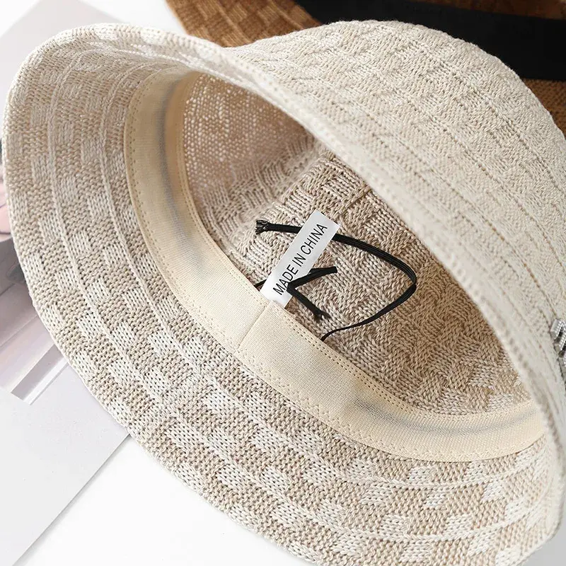 Spring Summer Knitted Fisherman Hat Women's Outdoor Travel Outfit Small Face Effect Plaid Design Sun Protection Cap Simple Style