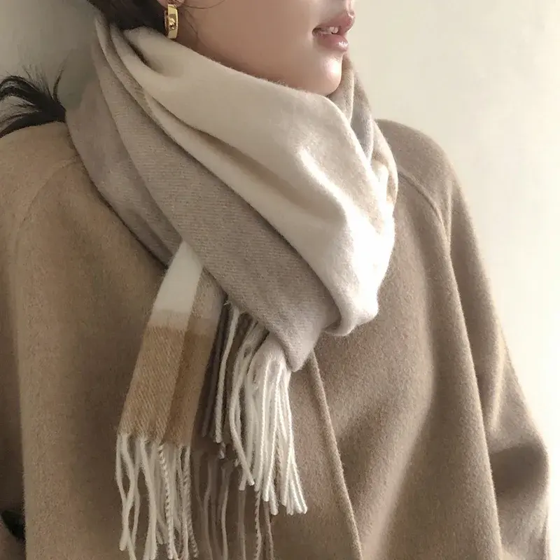 Australian Wool Plaid Scarf Women's Winter Warm Neck Warmer Versatile Fashionable Pure Wool Thickened Fringed Scarf Motorcycle H