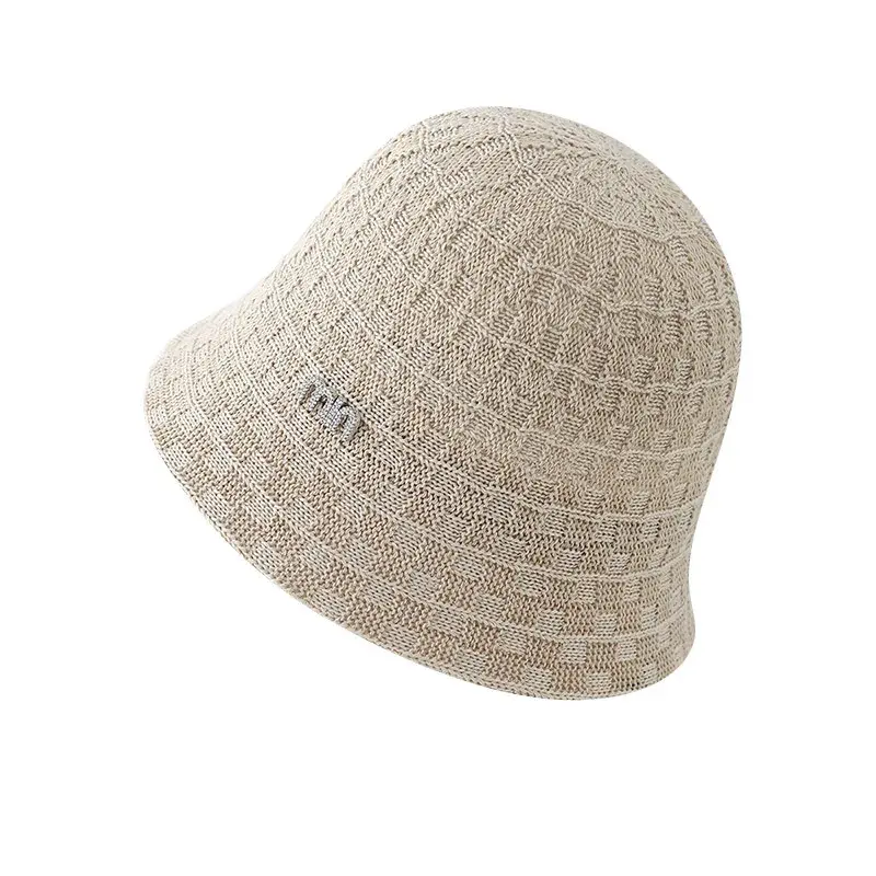 Spring Summer Knitted Fisherman Hat Women's Outdoor Travel Outfit Small Face Effect Plaid Design Sun Protection Cap Simple Style