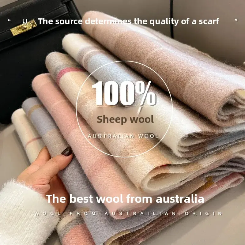 Australian Wool Plaid Scarf Women's Winter Warm Neck Warmer Versatile Fashionable Pure Wool Thickened Fringed Scarf Motorcycle H