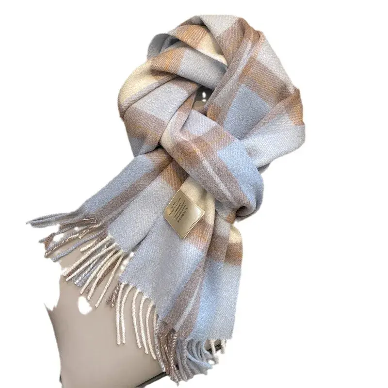 Australian Wool Plaid Scarf Women's Winter Warm Neck Warmer Versatile Fashionable Pure Wool Thickened Fringed Scarf Motorcycle H