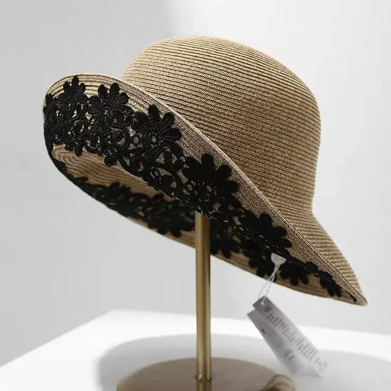 Korean Style Sun Hat Lace Flower Straw Hat Summer Sun Protection Cap Foldable Edge Grass Weaving Gift Hat Sweet Floral Pattern