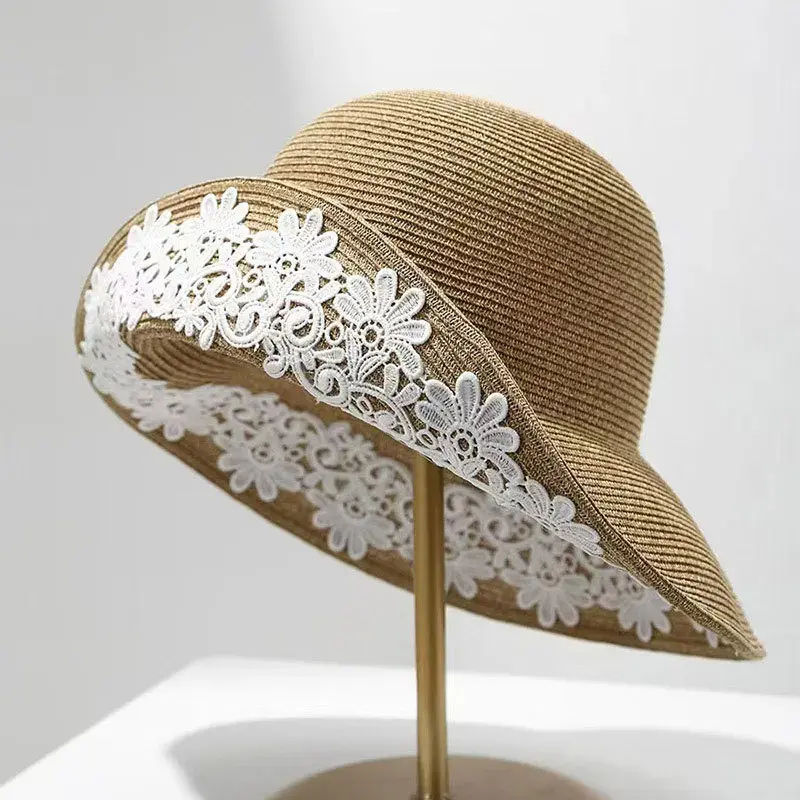 Korean Style Sun Hat Lace Flower Straw Hat Summer Sun Protection Cap Foldable Edge Grass Weaving Gift Hat Sweet Floral Pattern
