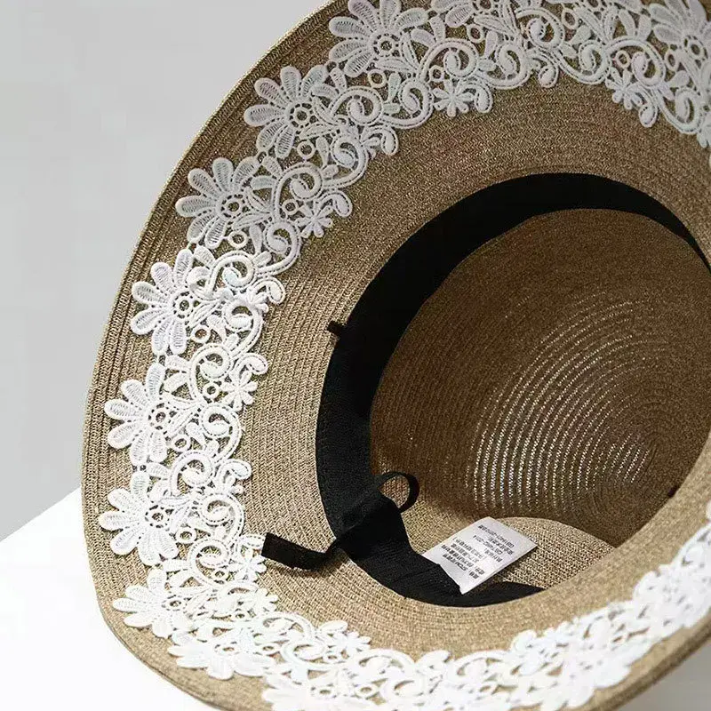 Korean Style Sun Hat Lace Flower Straw Hat Summer Sun Protection Cap Foldable Edge Grass Weaving Gift Hat Sweet Floral Pattern