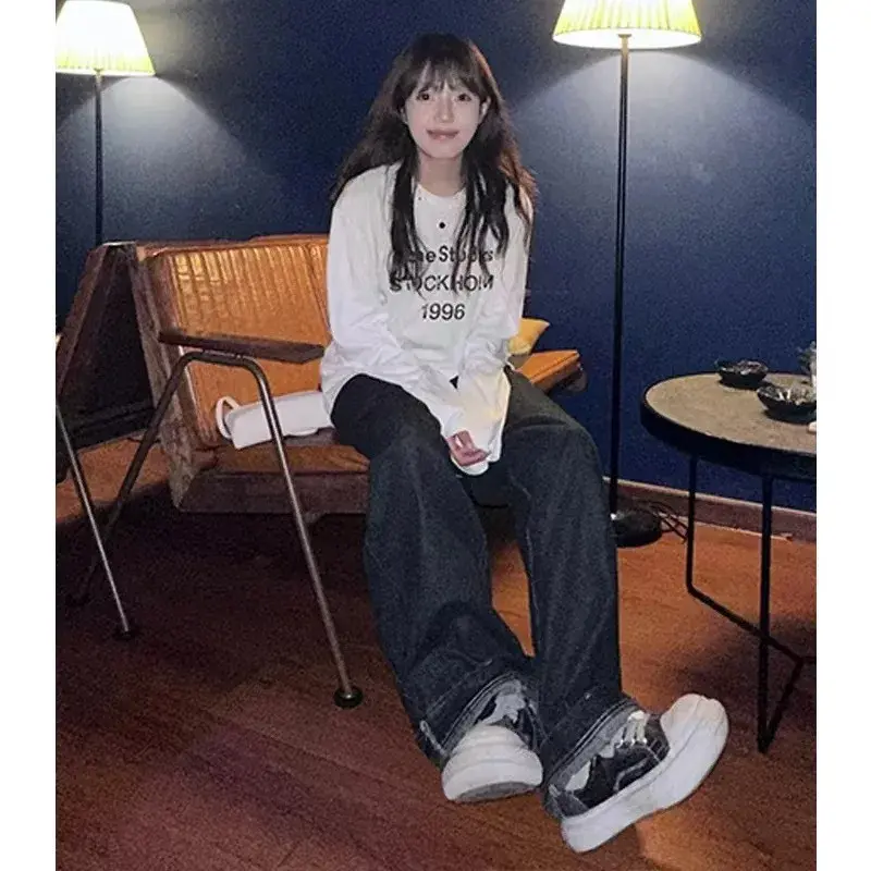 Idle Style American Style Printing Thin White Long Sleeve T-Shirt Women's Spring Autumn New Loose-Fit Casual Round Neck Top Tren