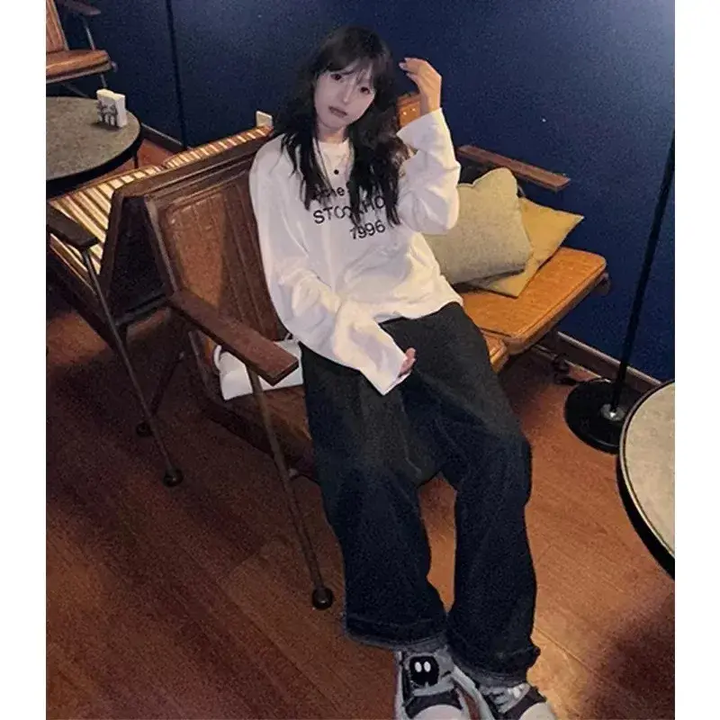 Idle Style American Style Printing Thin White Long Sleeve T-Shirt Women's Spring Autumn New Loose-Fit Casual Round Neck Top Tren